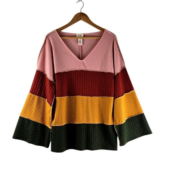 Knit Tunic Top Striped Color Blocked BiBi SzM Pullover Kimona Extra Long Sleeves - Picture 1 of 10